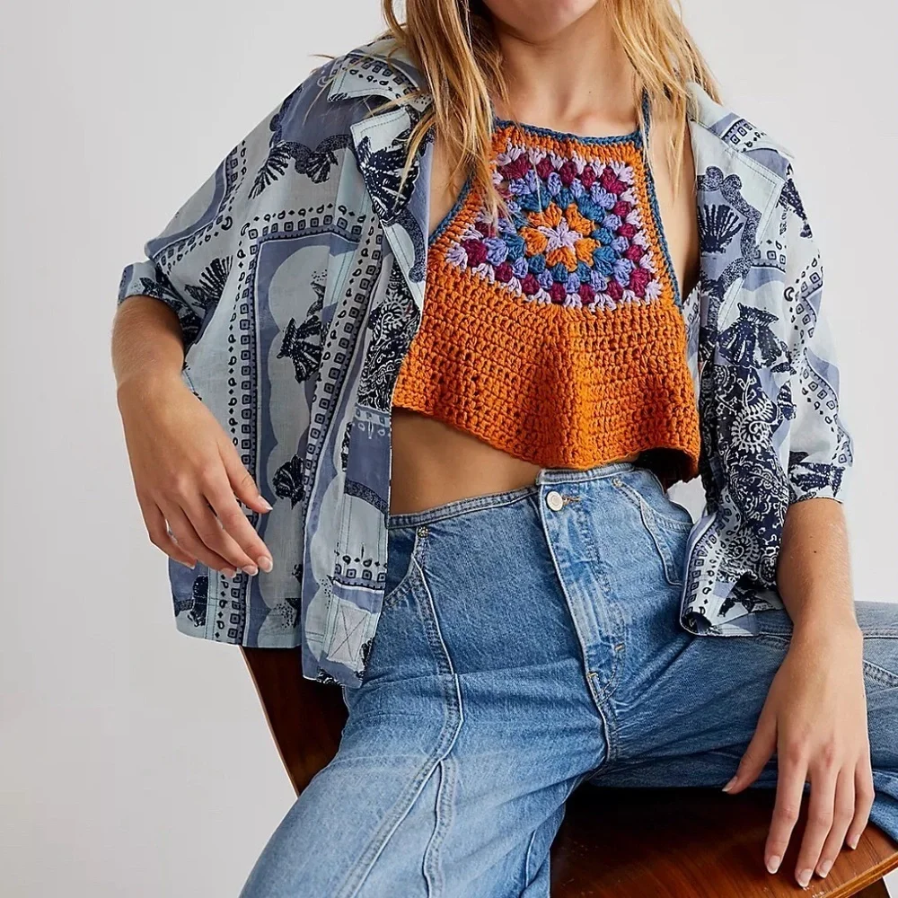 NEW FREE PEOPLE - Multicolored Crochet Crop Top with Diamond Cut in Size Small
